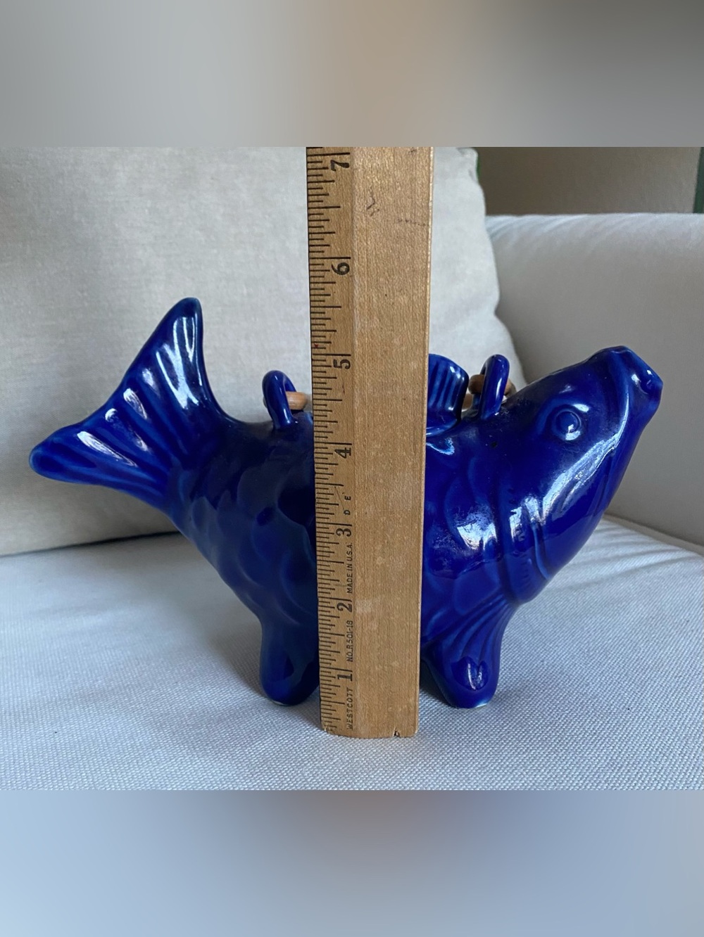 VTG World Market Cobalt Blue Ceramic Koi Fish Teapot Bamboo Handle - Picture 7 of 8